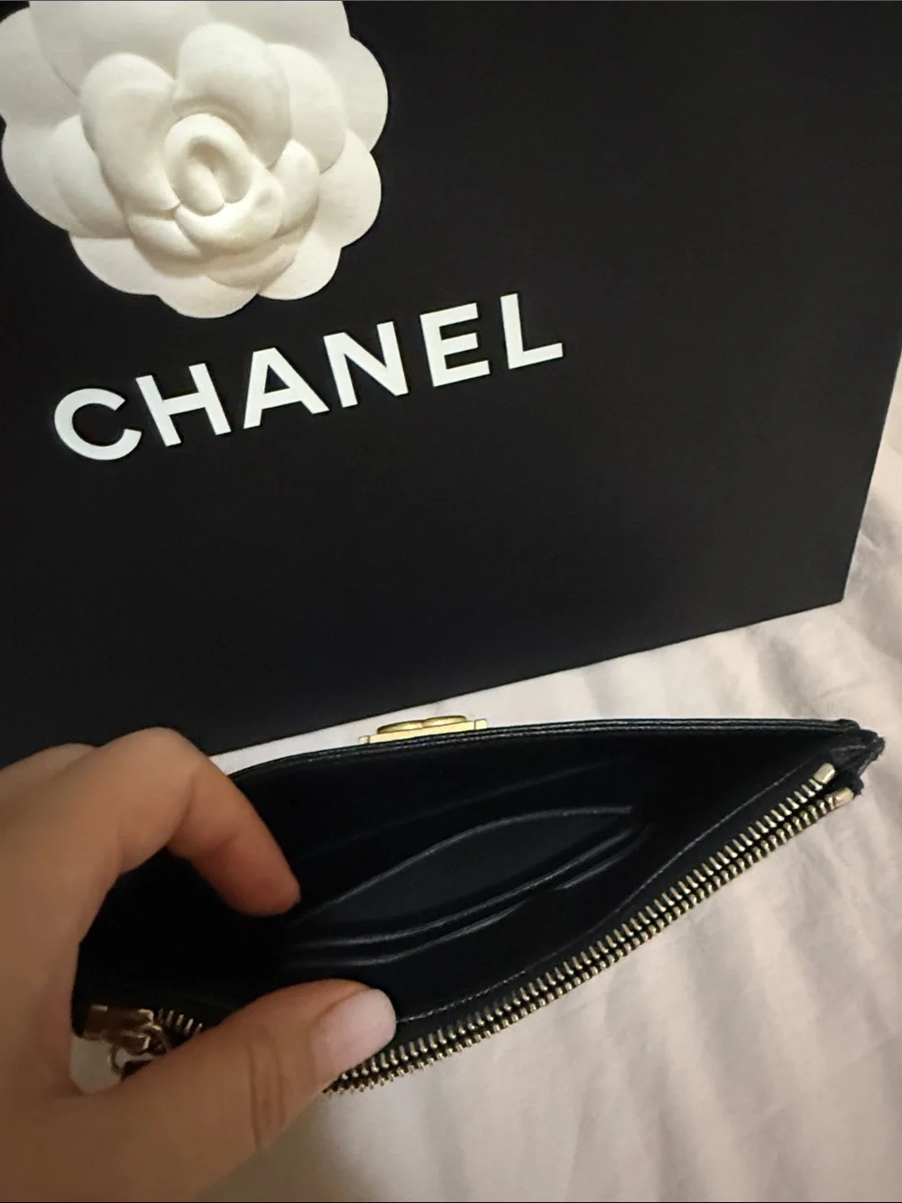 CHANEL Black Quilted Leather Card Holder Clutch with Gold CC Plaque